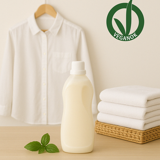 Bouteille d'adoucissant naturel certifié VEGANOK posée sur une table en bois clair, accompagnée de feuilles vertes, de serviettes blanches empilées dans un panier en osier et d'une chemise blanche suspendue en arrière-plan."