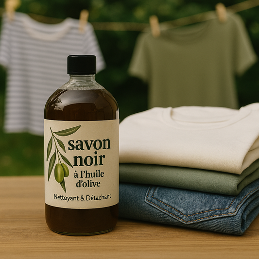 Bouteille de savon noir à l’huile d’olive posée sur une table en bois, à côté d’une pile de vêtements pliés (t-shirt crème, pantalon vert et jean). En arrière-plan, des vêtements sèchent sur un fil dans un jardin verdoyant.
